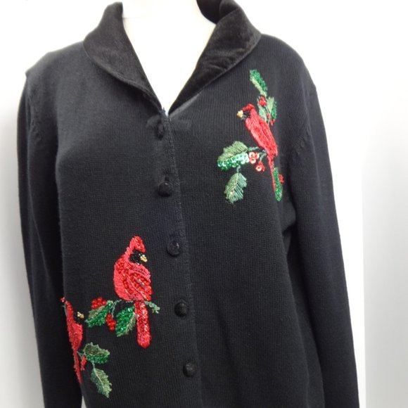 Black w Cardinal Holiday Sweater Size Large Velvet Collar Party Sequins - Picture 2 of 7